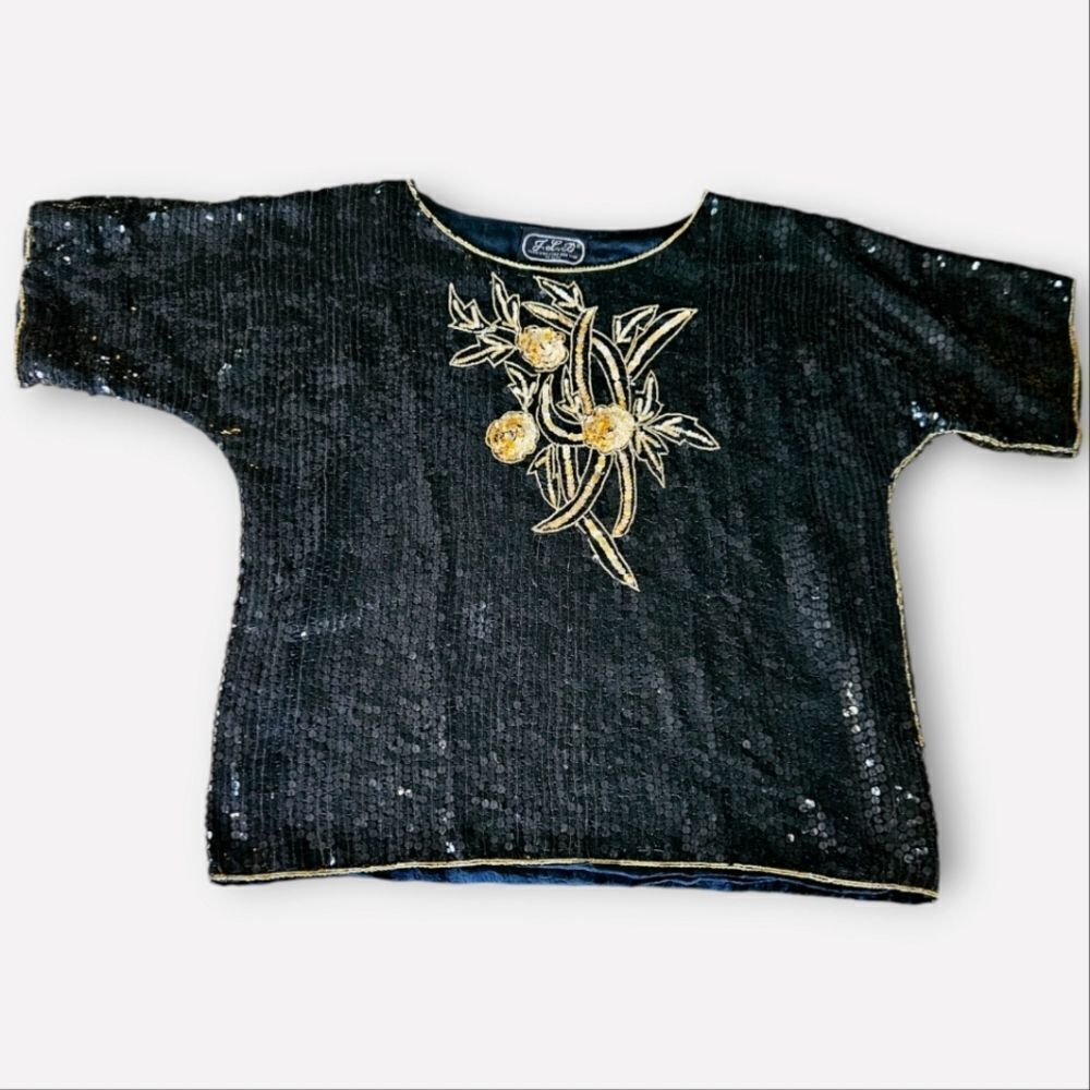 Vintage J.L.B. Joseph Le Bon '70s Sequin Silk Floral Short Sleeve Top Blouse M